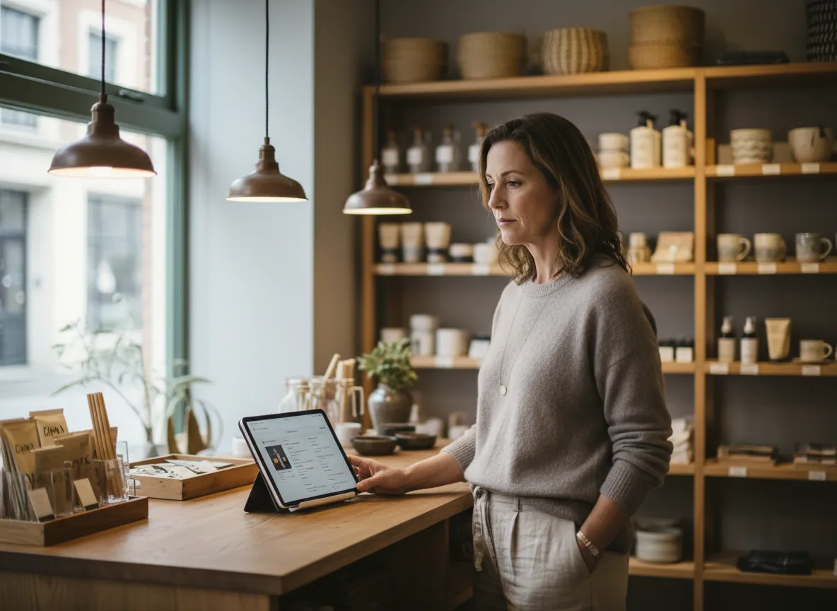 Business owner reviewing finances on a tablet